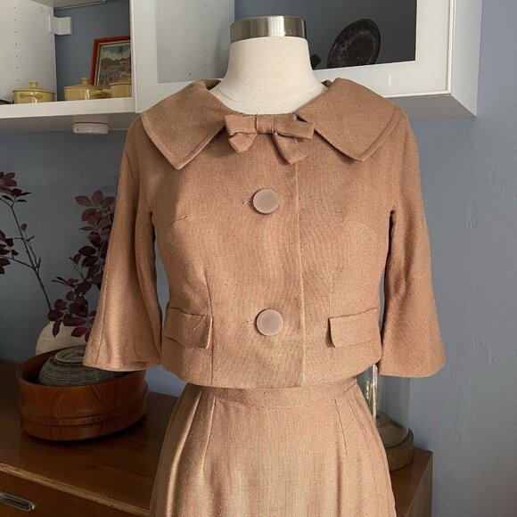 Vtg 60’s Jackie Stuart Cropped Jacket Skirt Suit Tweed Camel Office Mad Men XS/S - Picture 5 of 11